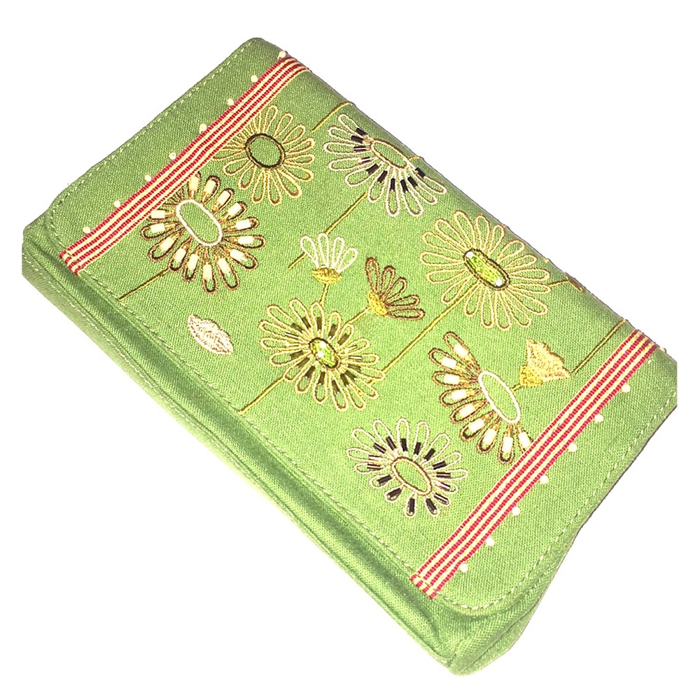 FOSSIL green floral embroidered & beaded clutch